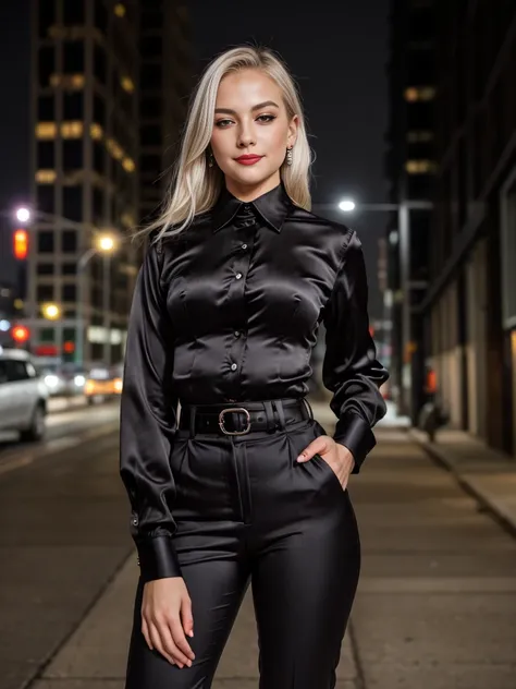 beautiful photograph of a smart looking office lady, solo, outdoors, standing against a midnight city skyline at, street light a...