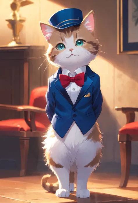 small cat standing like a person, Wearing a dark blue tuxedo and a dark blue silk hat,wearing a red bow tie、 cute, Little, , big head, super detailedイラスト, (highest quality), (masterpiece:1.3), (photorealistic:1.36), (realistic), super detailed