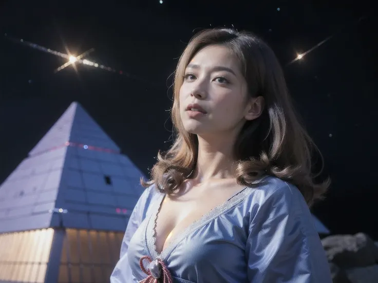 (RAW photo, highest quality), (realistic, Photoreal:1.3), 1 girl、realisticbody、old shrine maiden costume、Pyramid-shaped UFO flying from space、laser light、looking up