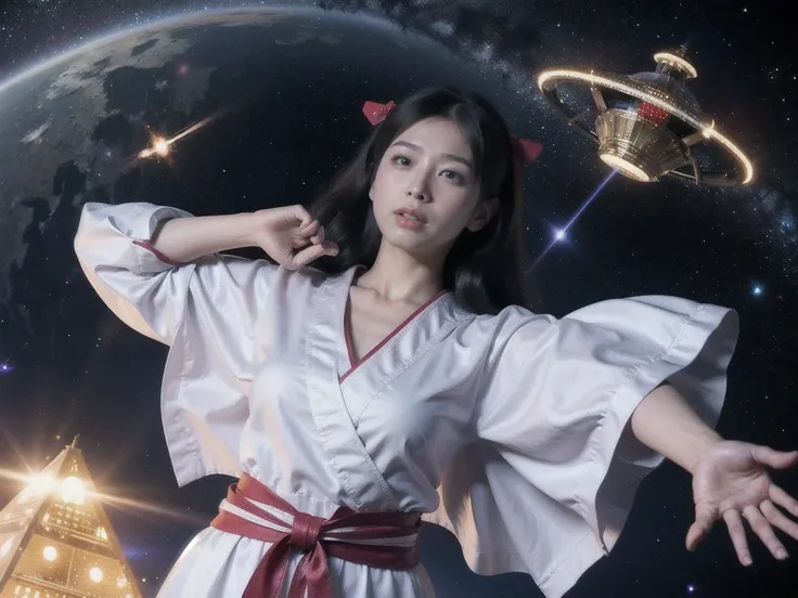 (RAW photo, highest quality), (realistic, Photoreal:1.3), 1 girl、realisticbody、old shrine maiden costume、Pyramid-shaped UFO flying from space、laser light、looking up