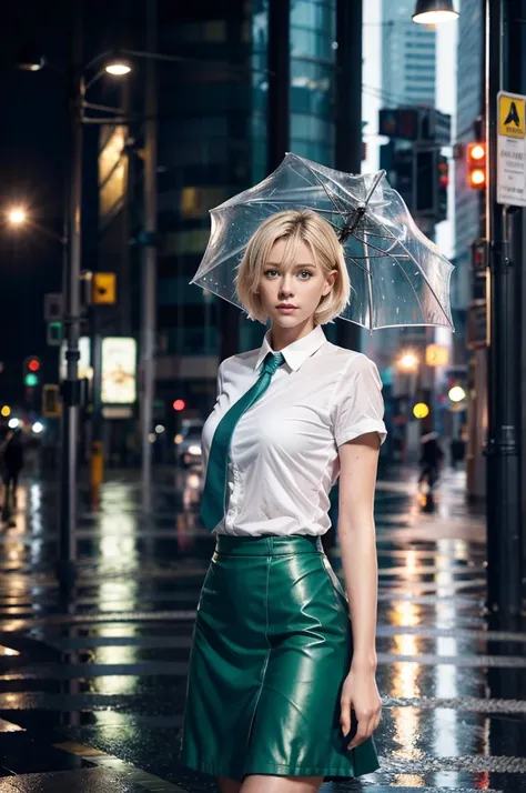 1girl, beautiful blue eyes, blonde hair cascading down her shoulders, short hair framing her delicate face, wearing a crisp white shirt with a neatly tied green tie, and a flowing green skirt that matches her tie perfectly. Her outfit contrasts with the ur...