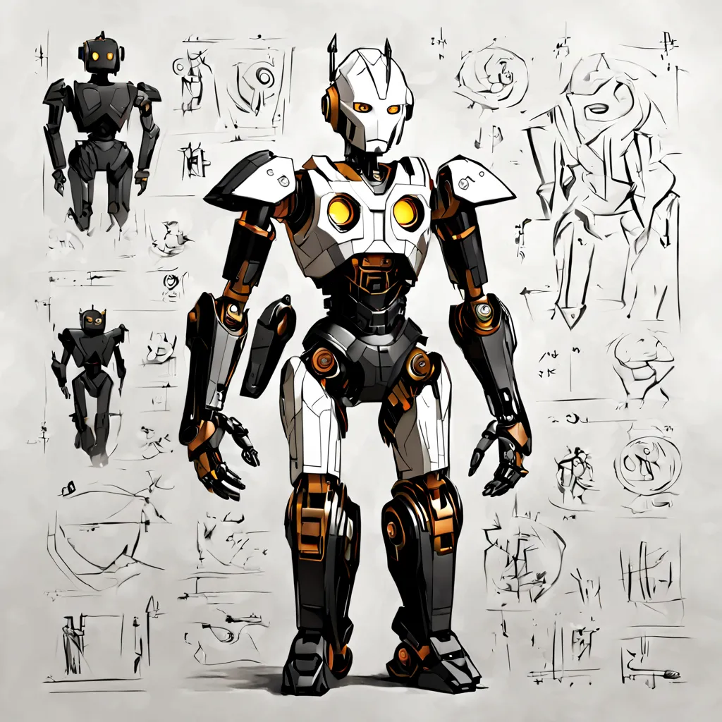 sketch_sheet, a drawing of a humanoid robot, ((black and white:1.5)), (paper background:1.5) golden ratio, detailed, sharp focus...