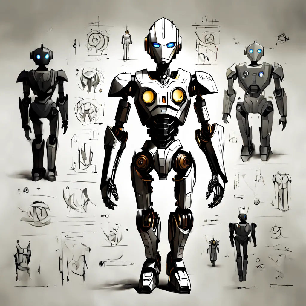 sketch_sheet, a drawing of a humanoid robot, ((black and white:1.5)), (paper background:1.5) golden ratio, detailed, sharp focus...