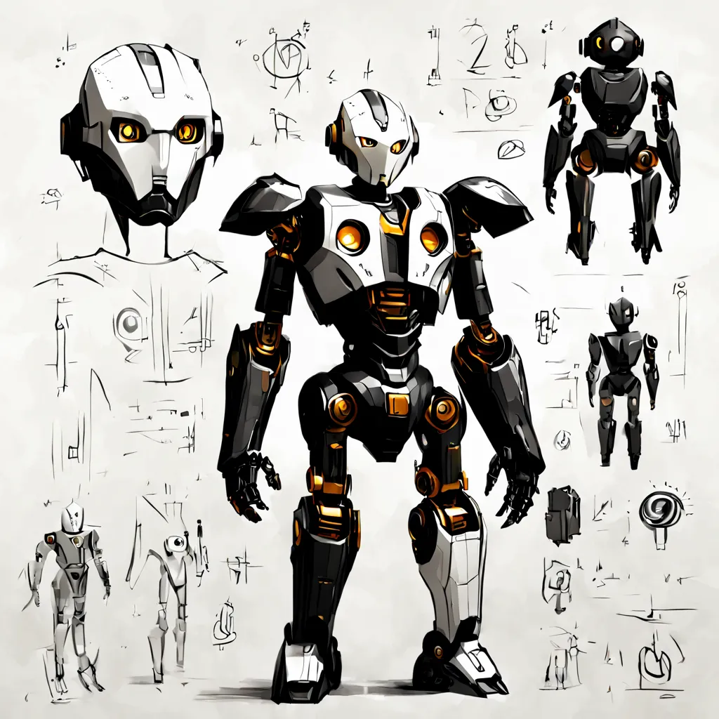 sketch_sheet, a drawing of a humanoid robot, ((black and white:1.5)), (paper background:1.5) golden ratio, detailed, sharp focus...