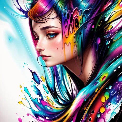 uma mulher com tinta colorida no rosto e no cabelo, gotejamento com cor, arte colorida bonita!, lindo arte digital, pintura de a...