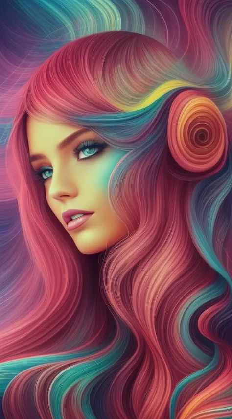 a woman with long hair and bright colors on her face, psychedelic flowing hair, airbrush digital art, digital airbrush painting, fractal hair, gorgeous digital art, stunning digital art, abstract portrait, breathtaking digital art, glossy digital painting,...