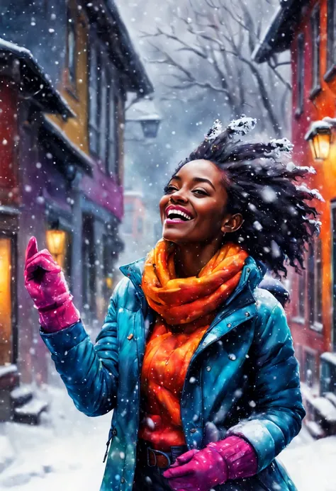 Ebony girl enjoying snowfall, colorful winter outfit stands out, energetic and lively scene.
Style by Gabriele Dellotto, AI Midjourney, bright saturated colors, watercolor, oil paints,   HDR, 500px, 4k,