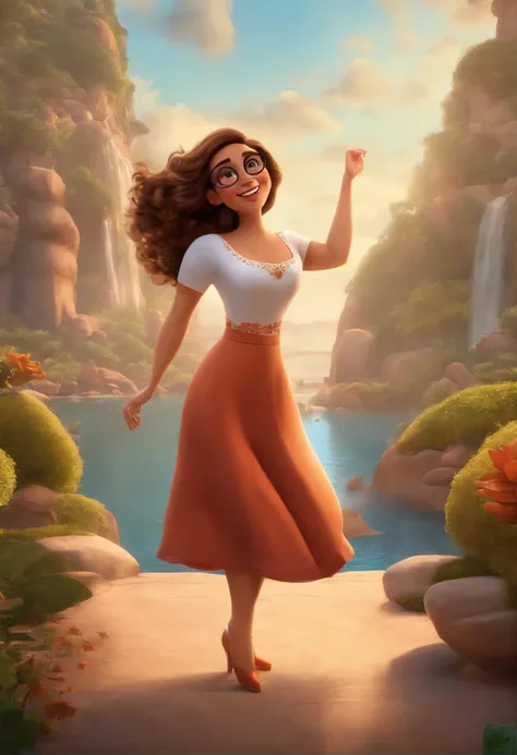 "(melhor qualidade,ultra-detalhado,Realista:1.37),3d rendering,illustration,design de personagens,cabelos longos e lisos loiros,belos olhos detalhados,wearing white glasses,Estilo Pixar,branca mulher,Dancing on the Disney stage,atmosfera animada,cores viva...