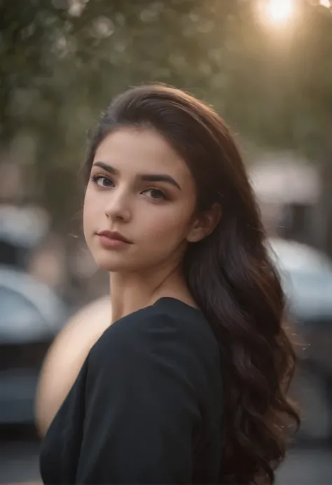 adolescente com cabelo preto muito volumoso, com queixo alto e altivo, ar severo, garota safada