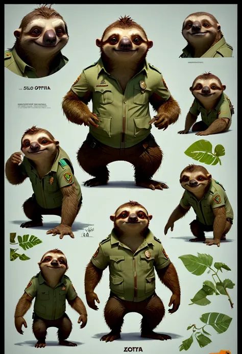 character design sheet, sloth, Flash from "Zootopia", (best quality, masterpiece, Representative work, official art, Professional, Ultra intricate detailed, 8k:1.3)