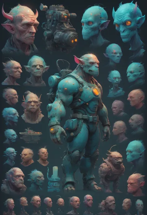 character design sheet by Beeple, Mike Winckelman, best quality, masterpiece, Representative work, official art, Professional, Ultra intricate detailed, 8k