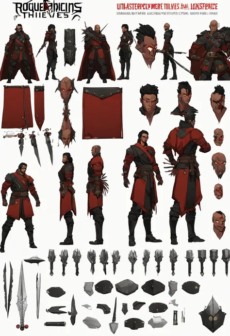 character reference sheet {the rogue of the crimson thieves: (masterpiece, 8k, uhd, intricate, digital art:1.3), dynamic rogue c...