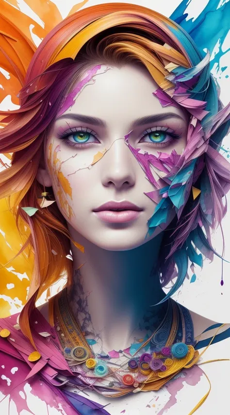 ultra detailed artistic abstract photography of Geometrical Woman, 32k trendy abstract poster of a beautiful woman, hair made of 3D paper quilling design, abstract paper quilling, detailed symmetric hazel eyes with circular iris, shattered paper fragments,...