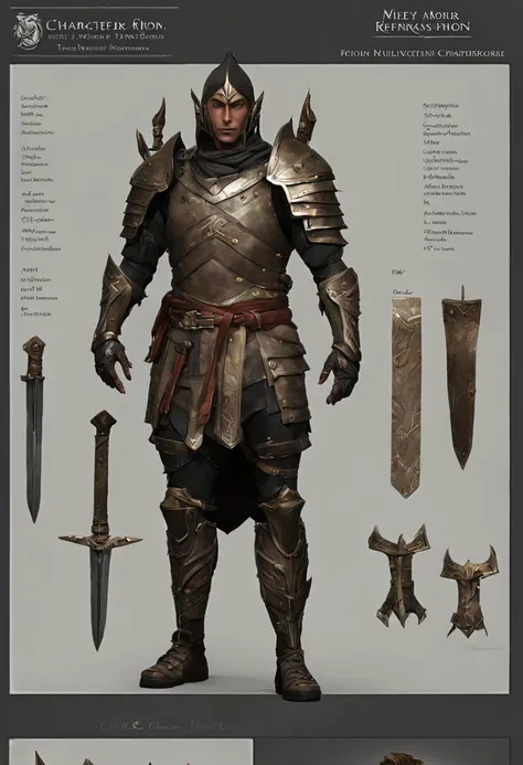 character reference sheet {realistic fantasy warrior character design sheet, full armor with engraved runes, dual swords on back...