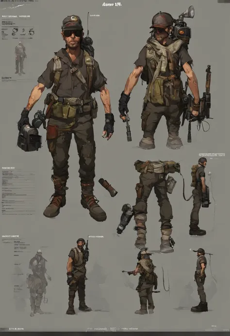 character reference sheet {realistic character design sheet of a post-apocalyptic survivor, various poses showing scavenged gear...