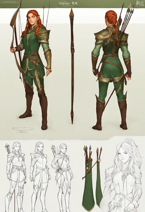 character reference sheet {realistic character design sheet of an elven archer, serene forest setting, multiple action poses wit...