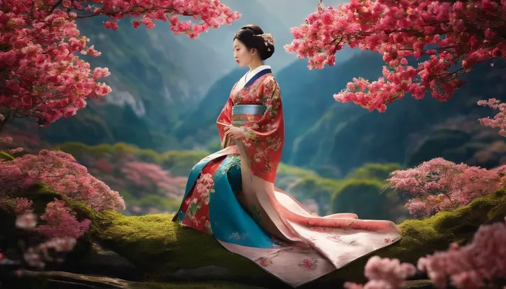 A world of imagination, a beautiful Japanese woman made of flowers, standing gracefully in traditional Japanese clothing, delicate and vivid, a world of art.