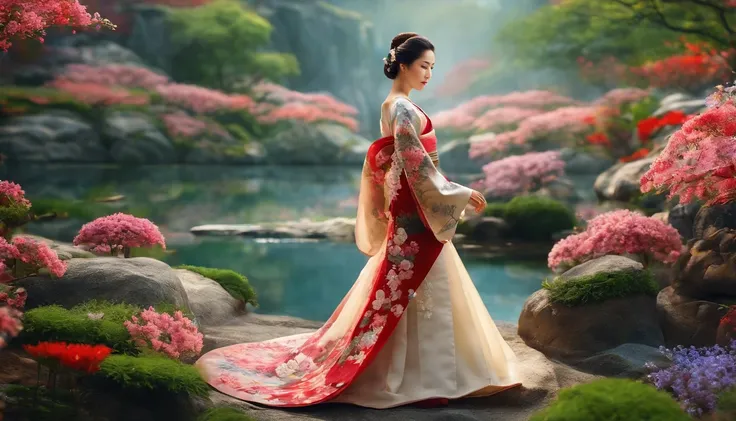 A world of imagination, a beautiful Japanese woman made of flowers, standing gracefully in traditional Japanese clothing, delicate and vivid, a world of art.