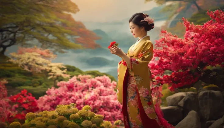 A world of imagination, a beautiful Japanese woman made of flowers, standing gracefully in traditional Japanese clothing, delicate and vivid, a world of art.