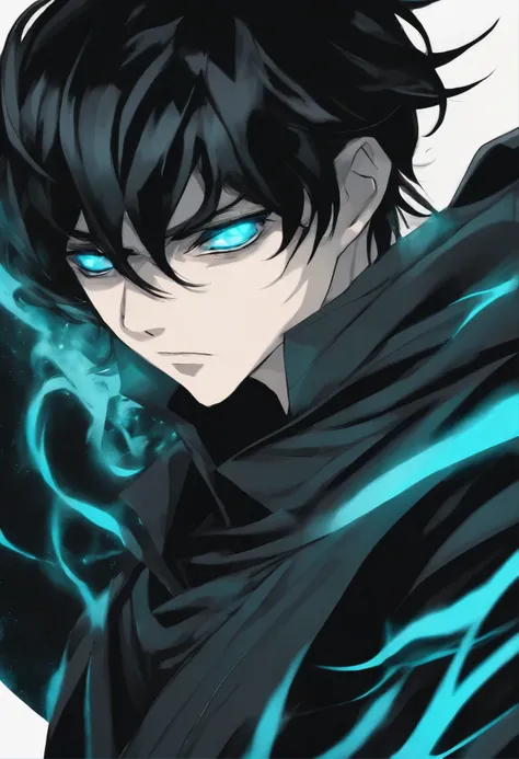 Spectral boy man, with dark aura, black clothing and turquoise blue eyes, long stylized black hair, confused and serious look, attractive. (Anime art) (Manga art) (Manhwa art)