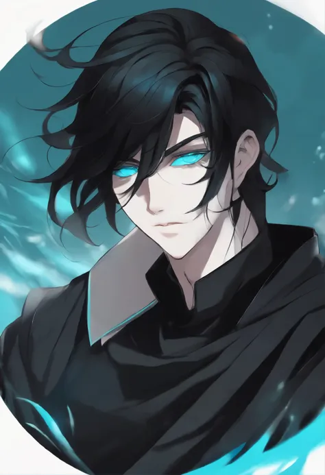 Spectral boy man, with dark aura, black clothing and turquoise blue eyes, long stylized black hair, confused and serious look, attractive. (Anime art) (Manga art) (Manhwa art)