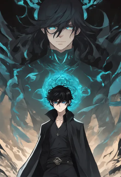 Spectral boy man, with dark aura, black clothing and turquoise blue eyes, long stylized black hair, confused and serious look, attractive. (Anime art) (Manga art) (Manhwa art)