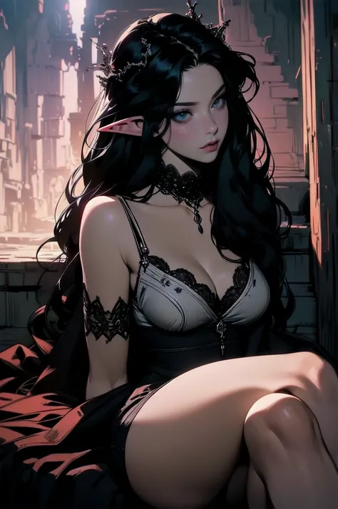 { - anatomy error}(Masterpiece - Ultra-detailed, very high resolution) moonlight, hyper-realistic of a mysterious woman with flowing black hair, ears of elf, piercing opal eyes, and a delicate lace crown, delicate smile, whole body, sitting on the ground