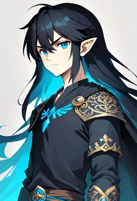 Spectral boy man, with dark aura, black clothing and turquoise blue eyes, long stylized black hair, confused and serious look, attractive. (Anime art) (Manga art) (Manhwa art)