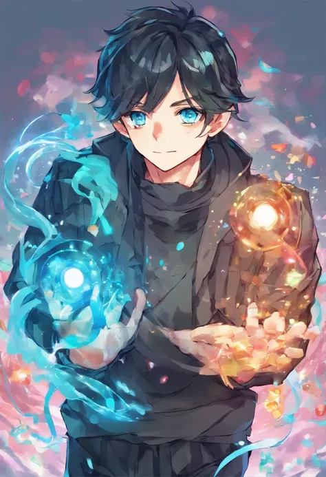 Spectral boy man, with dark aura, black clothing and turquoise blue eyes, long stylized black hair, confused and serious look, attractive. (Anime art) (Manga art) (Manhwa art)