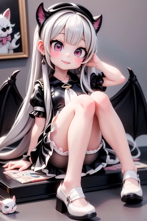 masterpiece, best quality, a cute girl smiling, long hair, (white skin:1.6), red smokey eyes makeup, crop shirt, short puffy sleeves, mini skirt, earrings, big_black_bat_wings, goat _horn_on_head, choke, (white pantyhose), ((Lolita shoes)), ((patent leathe...