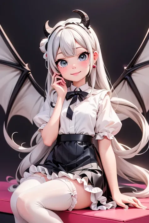 masterpiece, best quality, a cute girl smiling, long hair, (white skin:1.6), red smokey eyes makeup, crop shirt, short puffy sleeves, mini skirt, earrings, big_black_bat_wings, goat _horn_on_head, choke, (white pantyhose), ((Lolita shoes)), ((patent leathe...