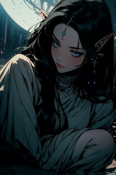 { - anatomy error}(Masterpiece - Ultra-detailed, very high resolution) moonlight, hyper-realistic of a mysterious woman with flowing black hair, ears of elf, piercing opal eyes, and a delicate lace crown, delicate smile, whole body, sitting on the ground
