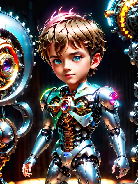  (three-dimensional，Mechanical feel，cute，boy，Mechanical doll, Pinocchio: 1.3), ((solo:1.5)), Colorful neon lights, High-tech mechanical parts, Metal body, Detailed Vibranium Doll Design, bright colors, Dynamic glow, Reflective metal surface, bright environ...