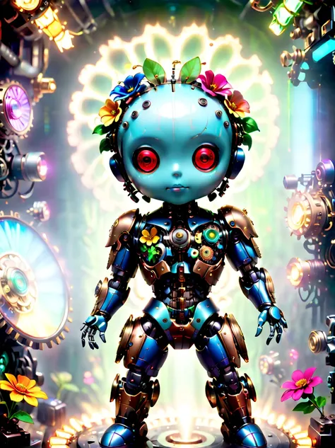  (three-dimensional，Mechanical feel，cute，1 small voodoo doll，Mechanical doll: 1.3), ((solo)), Colorful neon lights, High-tech mechanical parts, Metal body, Detailed vibranium flower design, bright colors, Dynamic glowing flowers, Reflective metal surface, ...