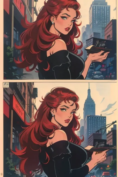 (masterpiece),(best quality),(ultra-detailed),(best illustration),(best shadow),(absurdres),(detailed background), Close up, women, long red hair, 1950s, Black dress, black eyeshadow, 1950s New york background, elegant,