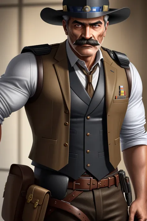 there is a man with a mustache, sigh, UHD, textured skin, super detail, high details, high quality, best quality, highres, wearing vest police