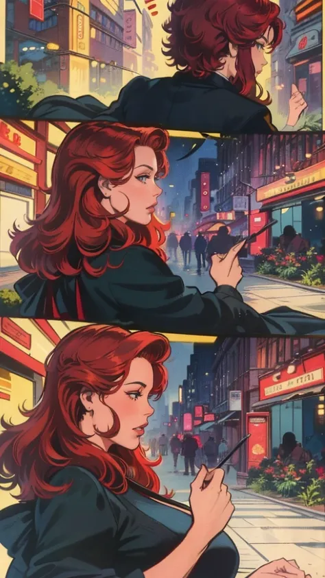 (masterpiece),(best quality),(ultra-detailed),(best illustration),(best shadow),(absurdres),(detailed background), Close up, women, long red hair, 1950s, Black dress, black eyeshadow, 1950s New york background, elegant,