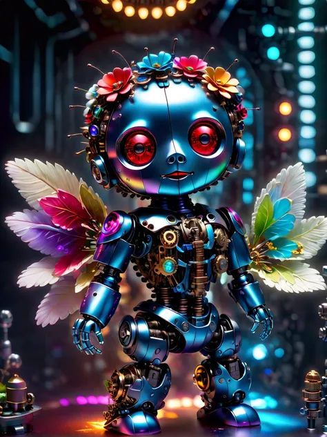  (three-dimensional，Mechanical feel，cute，1 small voodoo doll，Mechanical doll: 1.3), ((solo)), Colorful neon lights, High-tech mechanical parts, Metal body, Detailed vibranium flower design, bright colors, Dynamic glowing flowers, Reflective metal surface, ...