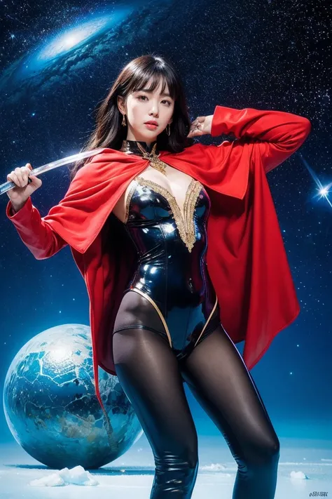 highest quality, masterpiece, realistic, High resolution, 8k RAW写真, 1 girl、long hair、goddess、has a decorated sword、Swing your sword up、((glamor body:1.3))、(Light blue bodysuit with ice motif、gold edge、red cloak)、silver pendant、silver earrings、(((action pos...