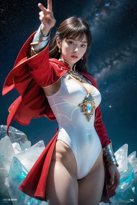 highest quality, masterpiece, realistic, High resolution, 8k RAW写真, 1 girl、long hair、goddess、has a decorated sword、Swing your sword up、((glamor body:1.3))、(Light blue bodysuit with ice motif、gold edge、red cloak)、silver pendant、silver earrings、(((action pos...