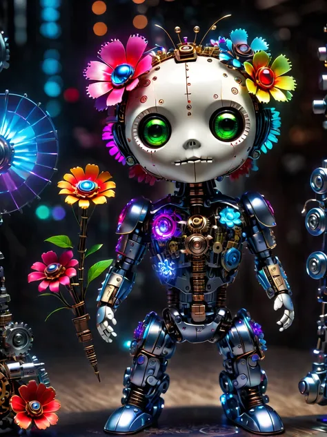  (three-dimensional，Mechanical feel，cute，1 small voodoo doll，Mechanical doll: 1.3), ((solo)), Colorful neon lights, High-tech mechanical parts, Metal body, Detailed vibranium flower design, bright colors, Dynamic glowing flowers, Reflective metal surface, ...