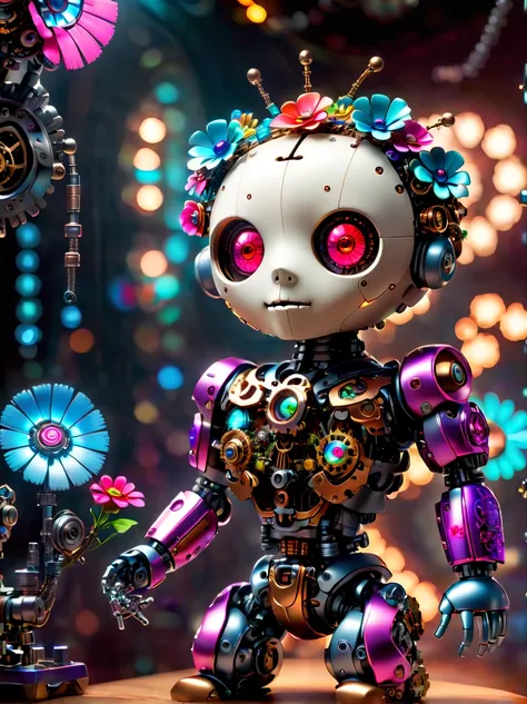  (three-dimensional，Mechanical feel，cute，1 small voodoo doll，Mechanical doll: 1.3), ((solo)), Colorful neon lights, High-tech mechanical parts, Metal body, Detailed vibranium flower design, bright colors, Dynamic glowing flowers, Reflective metal surface, ...