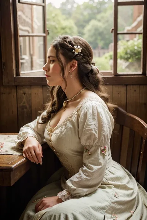 Create an image of a corpulent woman in a historical costume, focusing on the intricate details of her attire. The image should capture the womans profile as she gazes out a window, with soft natural light illuminating her features. Her dress is of a bygon...