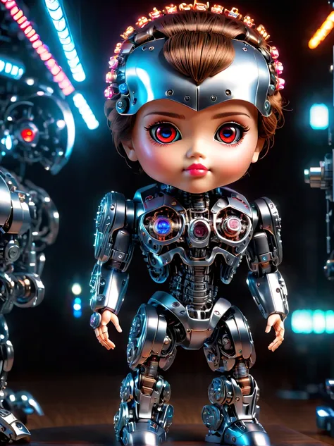  (three-dimensional，Mechanical feel，cute，1 T-800 Terminator doll，Mechanical doll: 1.3), ((solo)), Colorful neon lights, High-tech mechanical parts, Metal body, Detailed mechanical metal design, bright colors, Dynamic glow, Reflective metal surface, bright ...