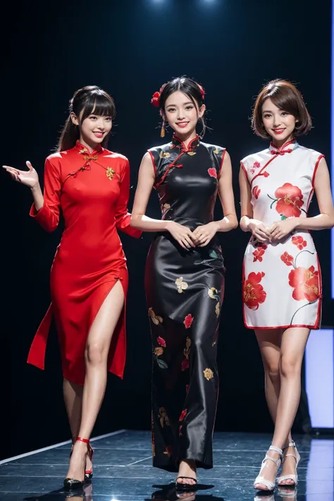 3 girls，cheongsam，fashion model，stage