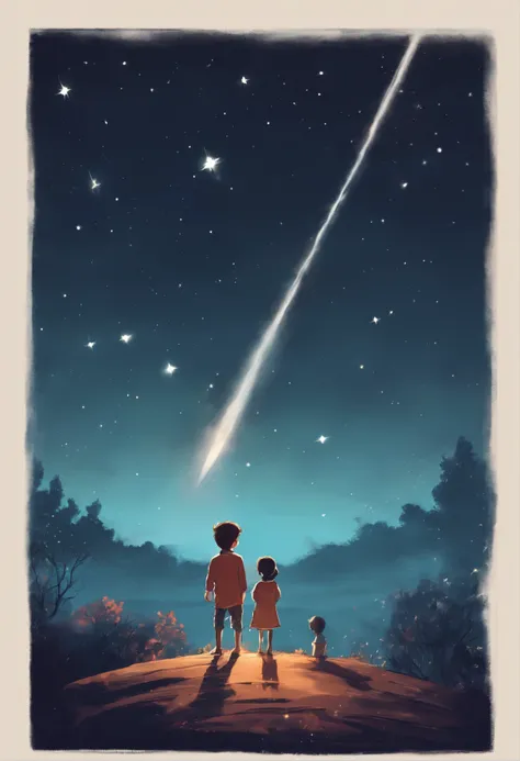 A fun picture of a little boy and girl looking up at the night sky with stars and a shooting star