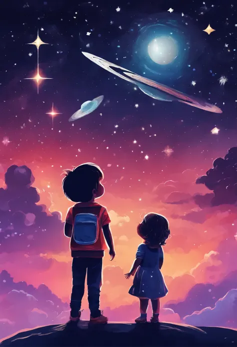 A fun picture of a little boy and girl looking up at the night sky with stars and a shooting star