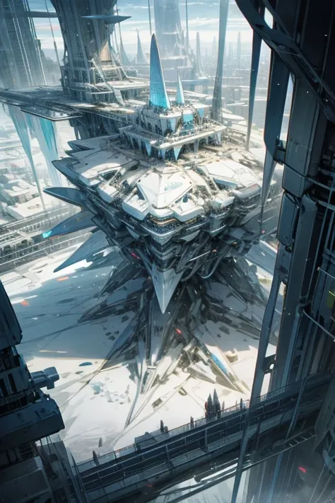 A complex ice structure in a futuristic city
