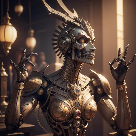 mechanical puppet, 3D rendering, detailed mechanical joints, realistic metallic texture, intricate gears, precise movements, antique aesthetic, vintage color palette, dramatic lighting