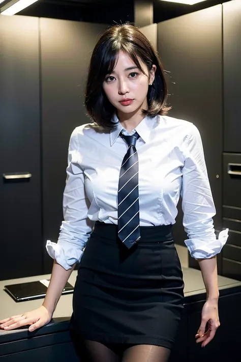 ((highest quality、8k、masterpiece:1.3))、Photoreal, sharp focus, High level image quality, High resolution, portrait, alone, Japanese, middle-aged women, beautiful woman, Sexy, (business suit, Tight Skirt:1.3),  pantyhose, 43 years old, Plump, bob hair, wrin...